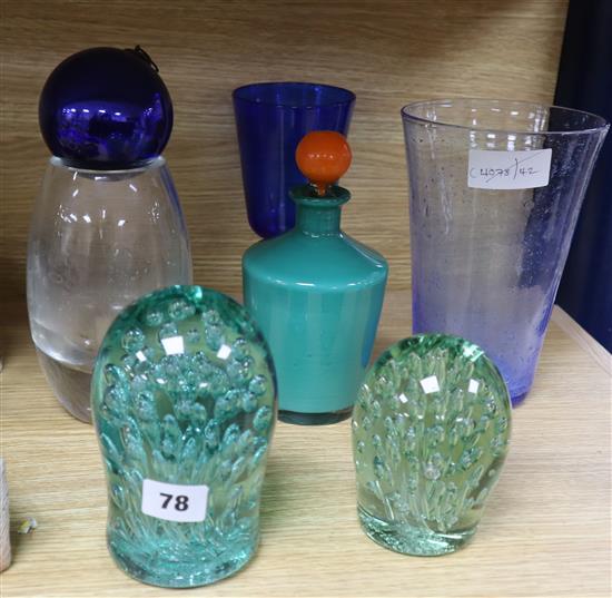 Two Victorian green glass dumps, a Monart style vase, one other and sundry glassware